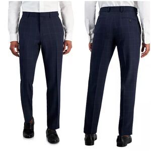 Perry Ellis Portfolio Mens Navy Blue Slim-Fit Windowpane Plaid Dress Pants 32x32